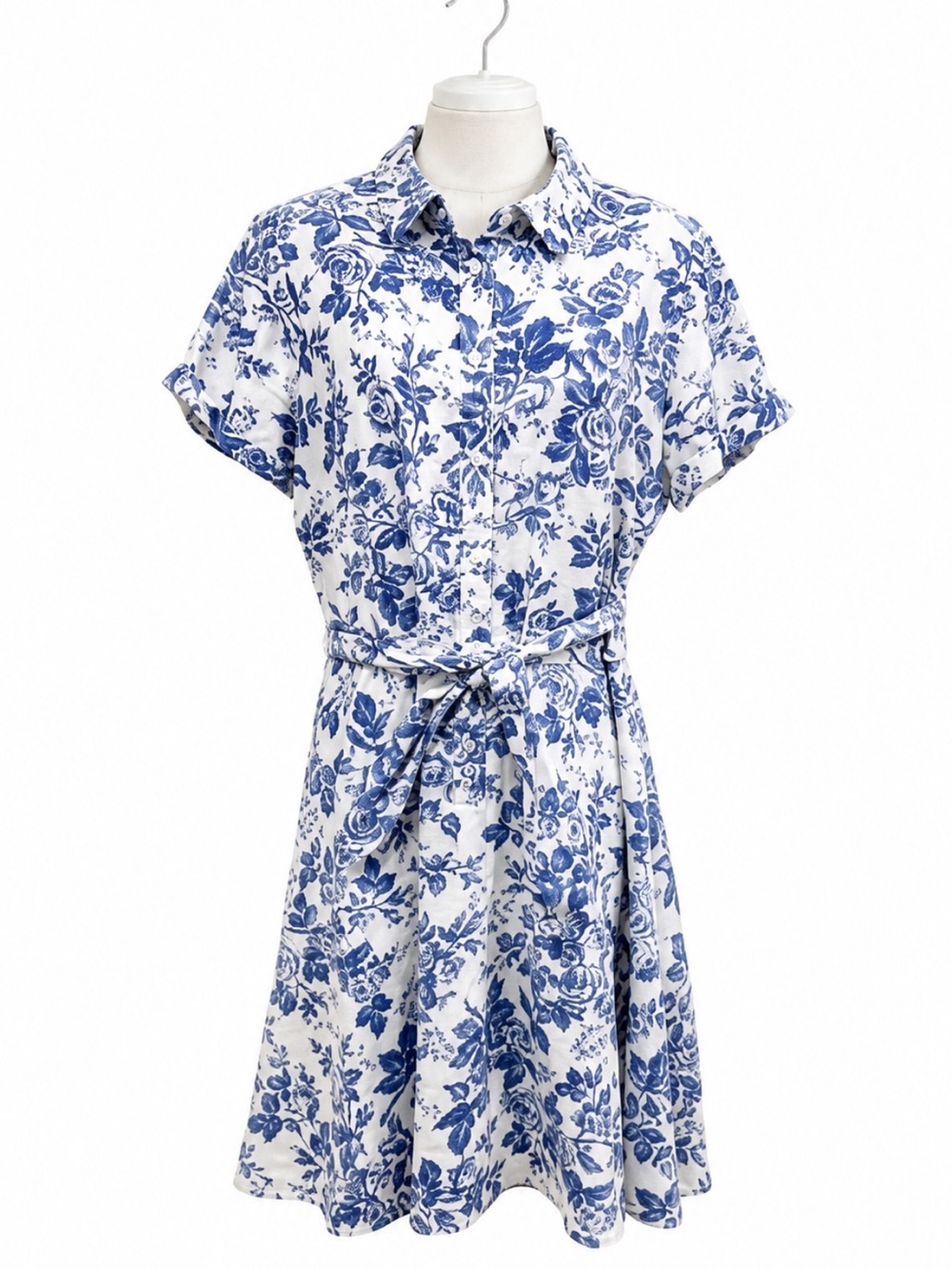 London Times Linen Blend Blue & White Floral Shirt Dress Belted Button 12